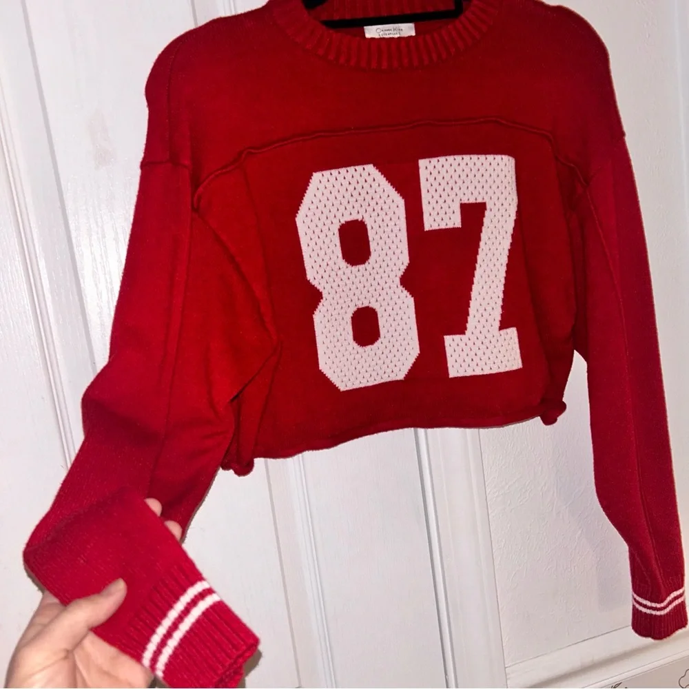 Red Cropped Sweater with 87 jersey sooo cute small Travis Kelsey